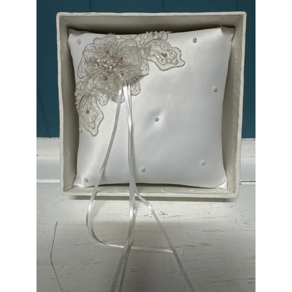 White Satin Wedding Ring Bearer Pillow w/ Beaded Floral Embellishment Ribbons‎